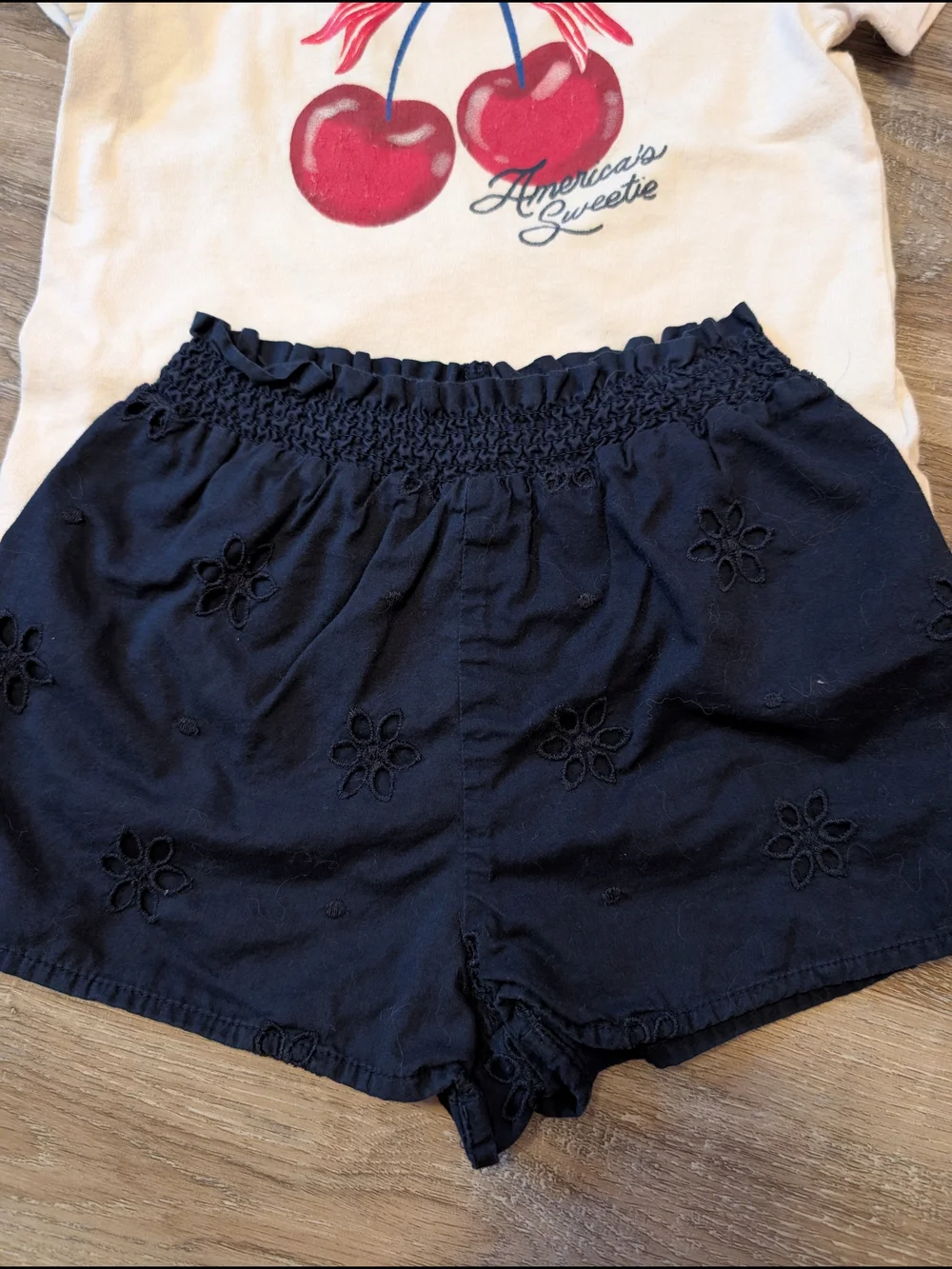 Old Navy Cream Cherry Graphic Tee & Navy Eyelet Shorts Set